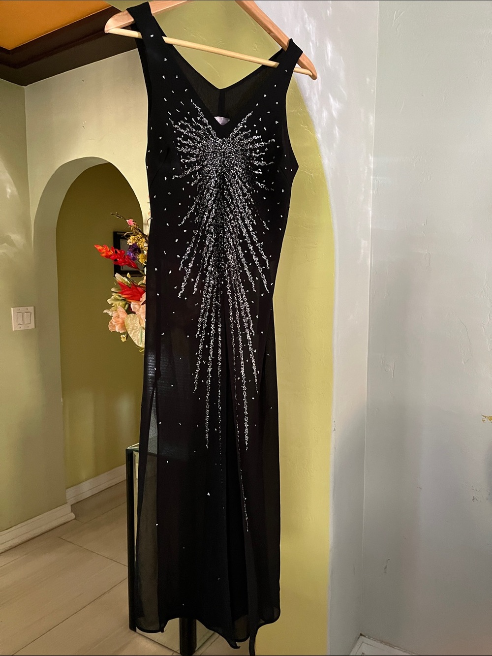 Black Maxi Evening Dress with Silver Burst Accent
